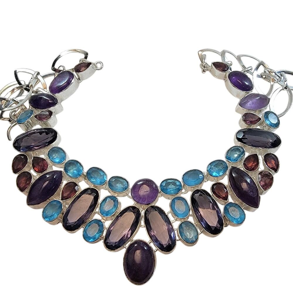 Handcrafted Sterling Silver Necklace with Amethyst and Blue Topaz Gem Accents